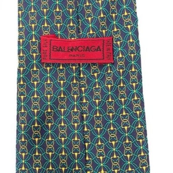BALENCIAGA 100% Silk Necktie Lux Tie Horse Bit Classic Green Gold Classy Vintage - Picture 6 of 8